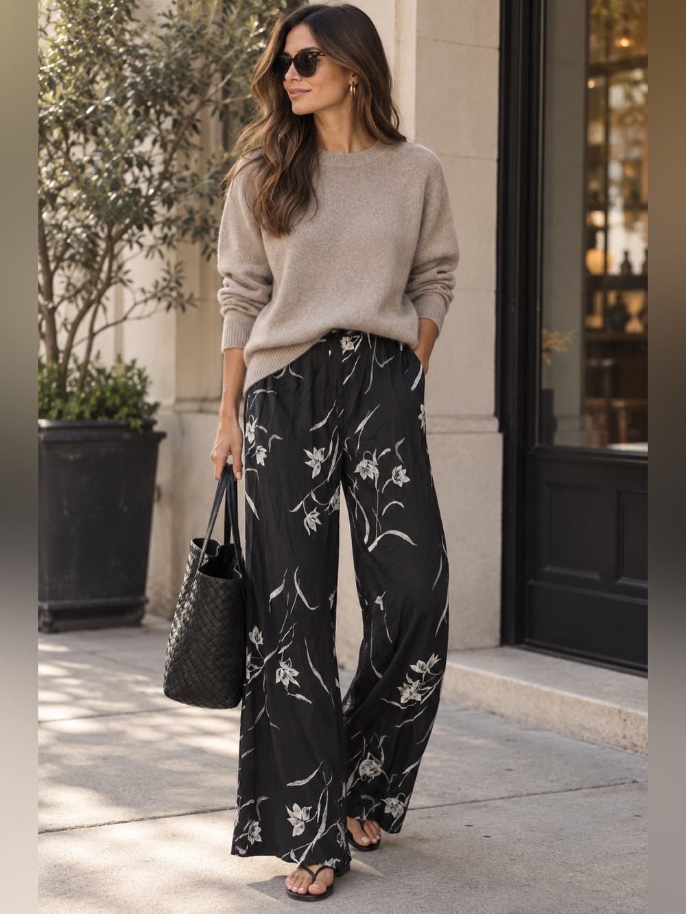 Ballinger Gold 100% Silk Wide Leg Floral Print Pants Black M Luxury minimalist
